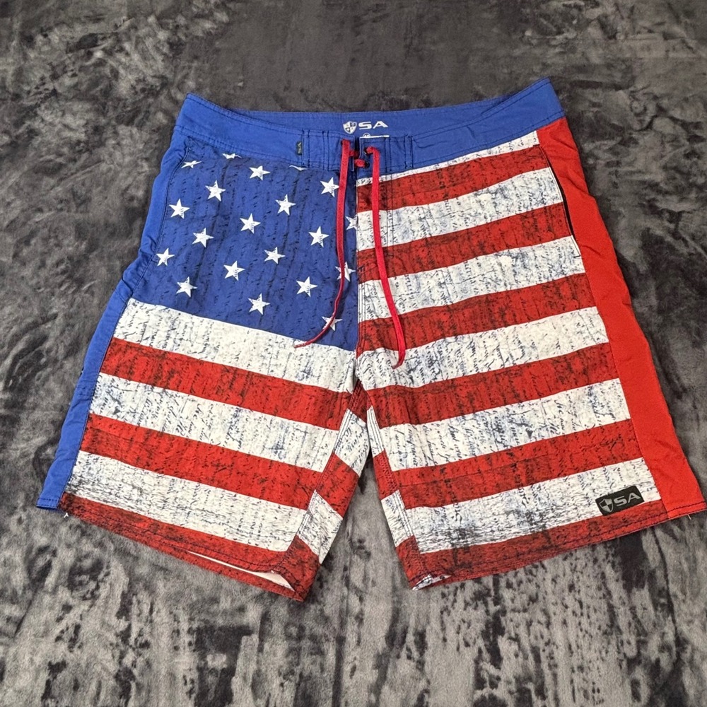 SA Board Shorts Mens 40 Red White Blue American Flag Patriotic Swim Trunks